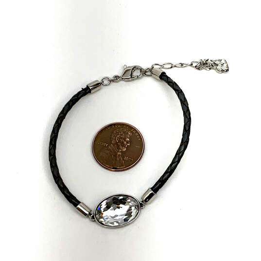 Designer Swarovski Silver-Tone Crystal Cut Stone Black Leather Bracelet image number 2