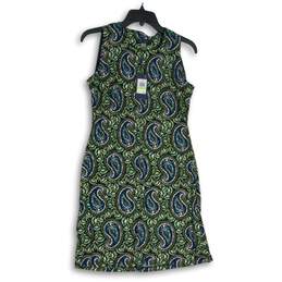 NWT Womens Multicolor Blue Green Paisley Sleeveless Round Neck Shift Dress Sz 4