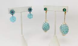 Vintage Goldtone Blue White Netted Plastic & Rhinestones Flower Drop Clip On Earrings Variety 14.4g