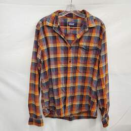 Patagonia MN's Orange & Black Organic Cotton Plaid Long Sleeve Shirt Sz. M