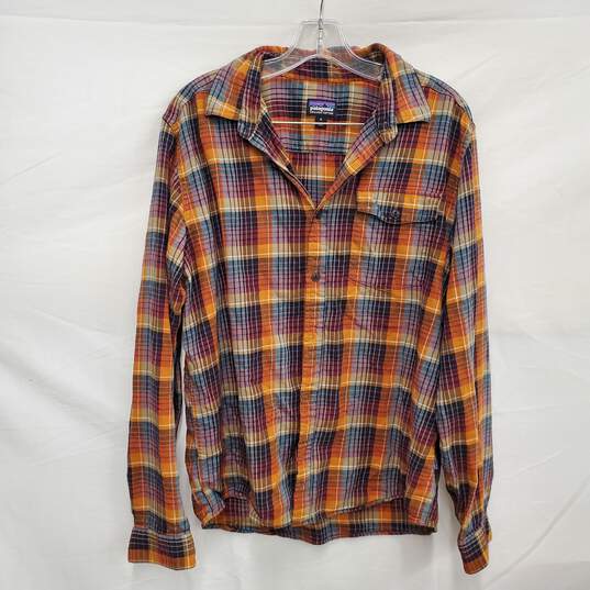 Patagonia MN's Orange & Black Organic Cotton Plaid Long Sleeve Shirt Sz. M image number 1