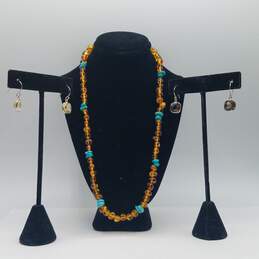 Sterling Silver Turquoise & Amber Like 17 1/2 Inch Necklace Dangle Earrings Bundle 2pcs 16.1g