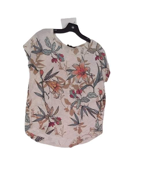 Womens Pink Floral Round Neck Short Sleeve Casual Blouse Top Size Large image number 1