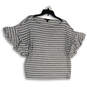 Womens Gray White Striped Ruffled Sleeve Pullover Blouse Top Size Medium image number 1