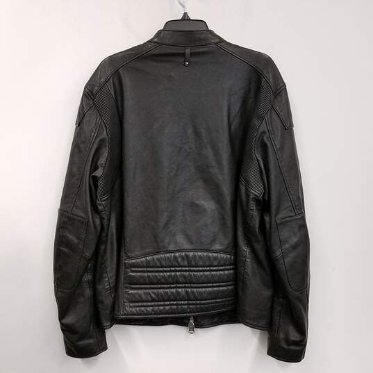 Mens Black Leather Long Sleeve Pockets Full Zip Motorcycle Jacket Size 46 image number 2