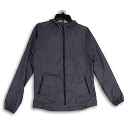 Womens Gray Long Sleeve Hooded Full-Zip Windbreaker Jacket Size M