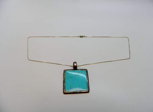 Artisan 925 Faux Turquoise Large Square Pendant Box Chain Necklace & Cabochon Braided & Scrolled Band Ring 19g image number 3