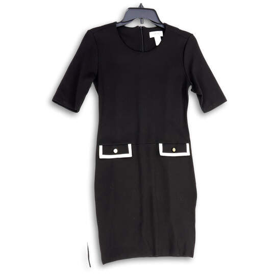 Womens Black Pleated Round Neck Short Sleeve Back Zip Sheath Dress Size 4 image number 1