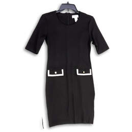 Womens Black Pleated Round Neck Short Sleeve Back Zip Sheath Dress Size 4