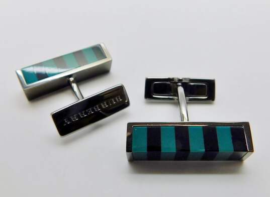 Burberry Bright Forest Green & Black Strip Inlay Resin Block Cuff Links w/ COA 11.0g image number 3