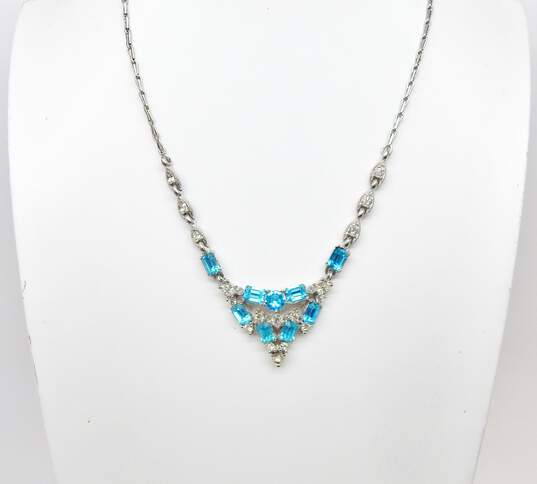 Vintage Icy Rhinestone Weiss Clear  Tiered Brooch & Bogoff Clear & Blue Necklace 31.9g image number 2
