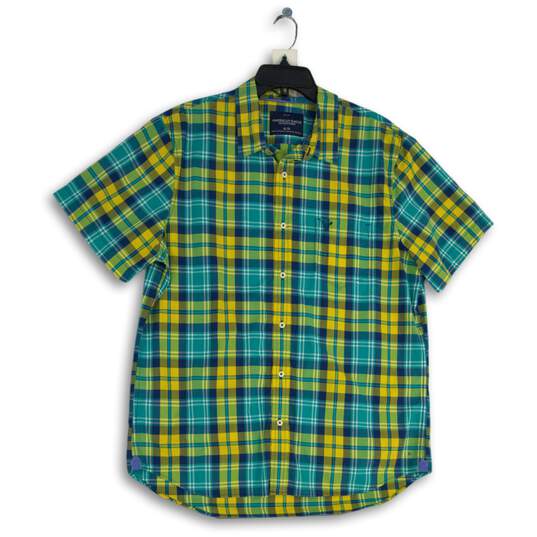 Mens Multicolor Blue Plaid Short Sleeve Collared Button-Up Shirt Size XL image number 1