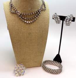 Vintage Silvertone Icy Rhinestones Bib Collar Necklace Clip On Earrings Accordion Bracelet & Aurora Borealis Crystal Brooch 92g