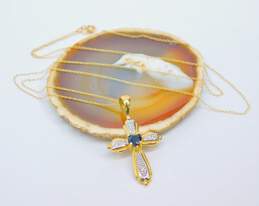 10K Yellow Gold Heart Sapphire Diamond Accent Cross Pendant Necklace 2.3g