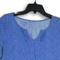 L.L.Bean Womens Blue White Short Sleeve Split Neck Blouse Top Size Large image number 3