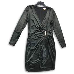 Womens Black Surplice Neck Long Sleeve Back Zip Wrap Dress Size 14