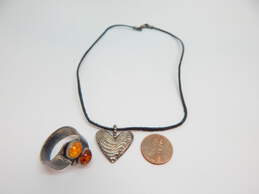Rustic 925 Wavy Textured Heart Pendant Cord Necklace & Modernist Amber Cabochons Bypass Band Ring 15.8g