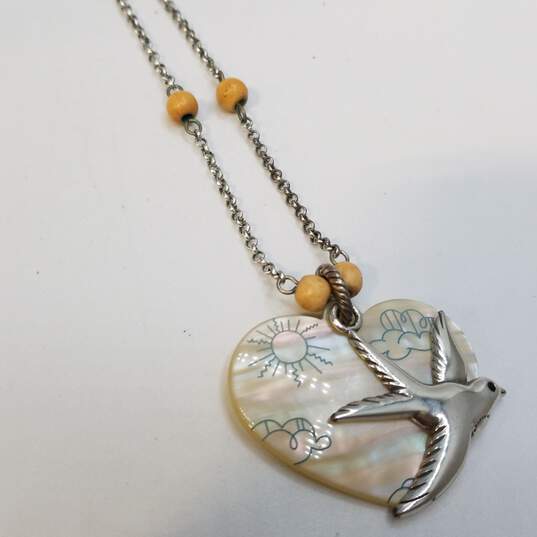 Brighton Silver Tone Wooden Bead Bird Floats In Front Of Heart Pendant 21inch Necklace 16.9g image number 1