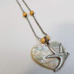 Brighton Silver Tone Wooden Bead Bird Floats In Front Of Heart Pendant 21inch Necklace 16.9g