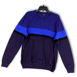 Mens Blue Black Knitted Crew Neck Long Sleeve Pullover Sweater Size XL