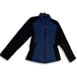 Womens Blue Black Mock Neck Long Sleeve Full-Zip Puffer Jacket Size Small