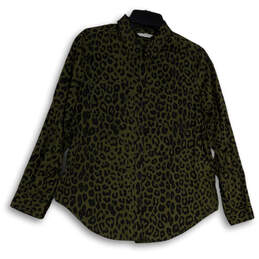 Womens Green Black Leopard Print Long Sleeve Collared Button-Up Shirt S/P