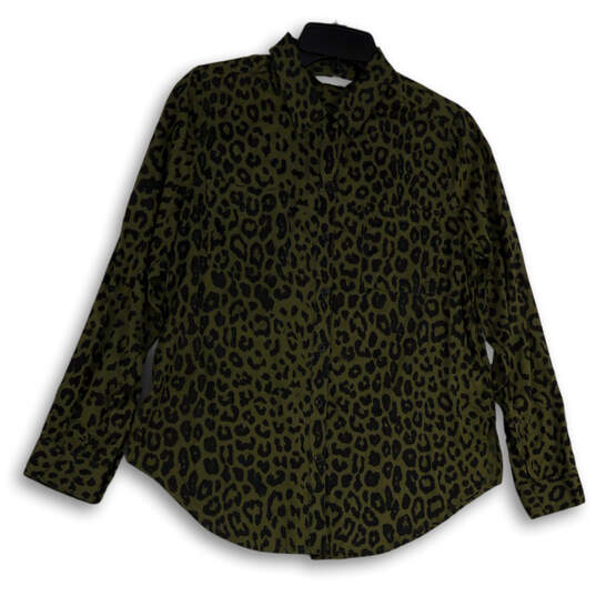 Womens Green Black Leopard Print Long Sleeve Collared Button-Up Shirt S/P image number 1