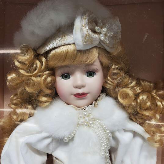 Genuine Porcelain Doll Victorian Collection Doll and Wooden Stand IOB image number 2
