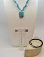 Artisan 925 Faux Turquoise Ball Leather Cord & Pendant Chip Beaded Necklaces & Chrysocolla Cabochon Post Earrings 41.4g image number 1