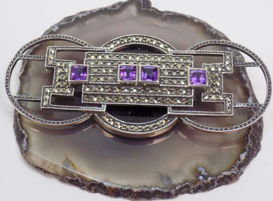 Romantic Judith Jack 925 Sterling Silver Amethyst Marcasite & Onyx Art Deco Style Brooch 27.1g image number 5