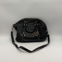 Womens Black Leather Detachable Strap Pocket Bottom Stud Zipper Satchel Bag