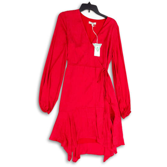 NWT Womens Red Balloon Sleeve V-Neck Asymmetrical Hem Wrap Dress Size M image number 3