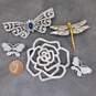 Silver Tone Icy Rhinestone Butterfly, Dragonfly & Flower Brooches 63.3g image number 1