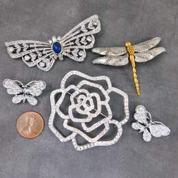 Silver Tone Icy Rhinestone Butterfly, Dragonfly & Flower Brooches 63.3g