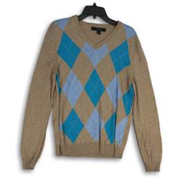 Express Womens Brown Blue Check V-Neck Long Sleeve Pullover Sweater Size M