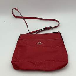 Womens Red Signature Print Adjustable Strap Charm Zipper Crossbody Bag Purse