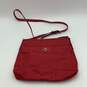 Womens Red Signature Print Adjustable Strap Charm Zipper Crossbody Bag Purse image number 1