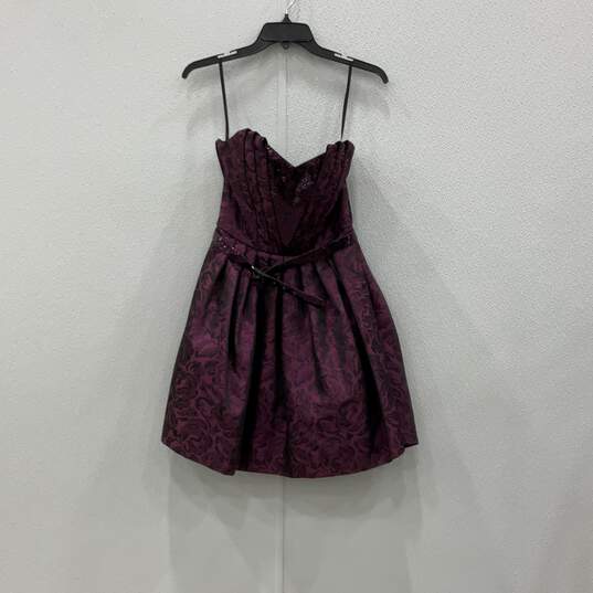 NWT Womens Purple Pleated Cocktail Brocade Flared Sequin Mini Dress Size 8 image number 1