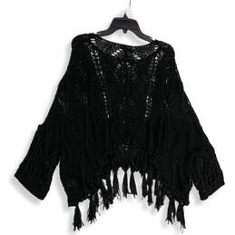 NWT Womens Black Knitted Fringe Round Neck Pullover Sweater Size One Size alternative image