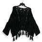 NWT Womens Black Knitted Fringe Round Neck Pullover Sweater Size One Size image number 2