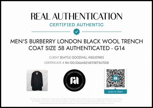 Burberry London Black Wool Trench Coat Men's Size 58 - AUTHENTICATED image number 6