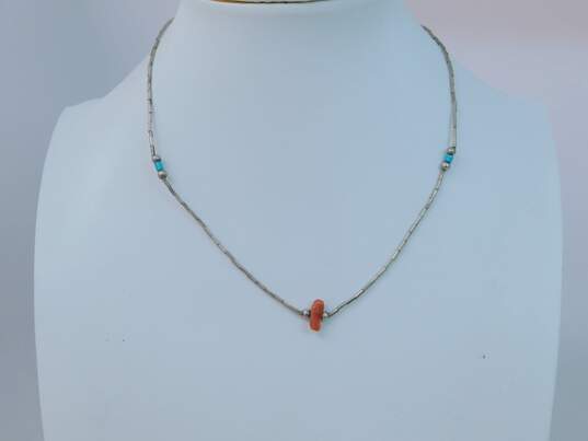 Southwestern Artisan 925 Coral Turquoise & Shell Necklaces 6.2g image number 4