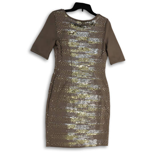 NWT Womens Brown Silver Sequin Round Neck Knee Length Sheath Dress Size M image number 2