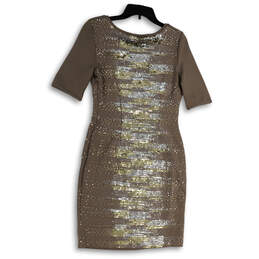NWT Womens Brown Silver Sequin Round Neck Knee Length Sheath Dress Size M alternative image
