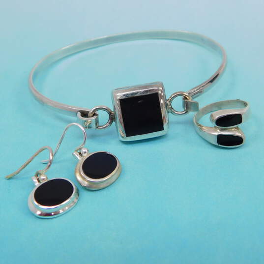 Artisan 925 Modernist Onyx Oval Drop Earrings Black Enamel Chunky Square Tension Bangle Bracelet & Bypass Band Ring 18.8g image number 1
