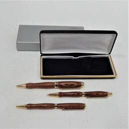 Vintage MCM Wood Lacewood Pen & Mechanical Pencil Set w/ Original Case Taiwan