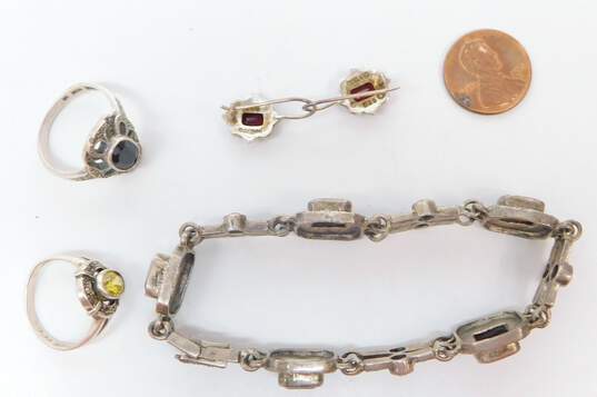 925 Sterling Silver Garnet Onyx Marcasite & CZ Earrings Bracelet & Rings 37.0g image number 7