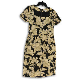 Womens Black Floral Square Neck Short Sleeve Back Zip Sheath Dress Size 6