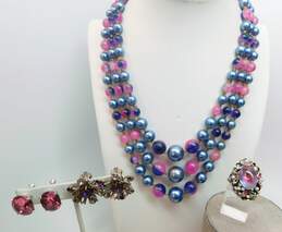 VNTG Blue Purple Faux Pearl & Rhinestone Mid Century Jewelry