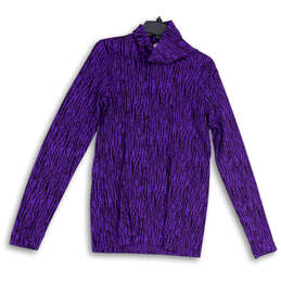 Womens Purple Black Long Sleeve Mock Neck Activewear Pullover T-Shirt Sz L